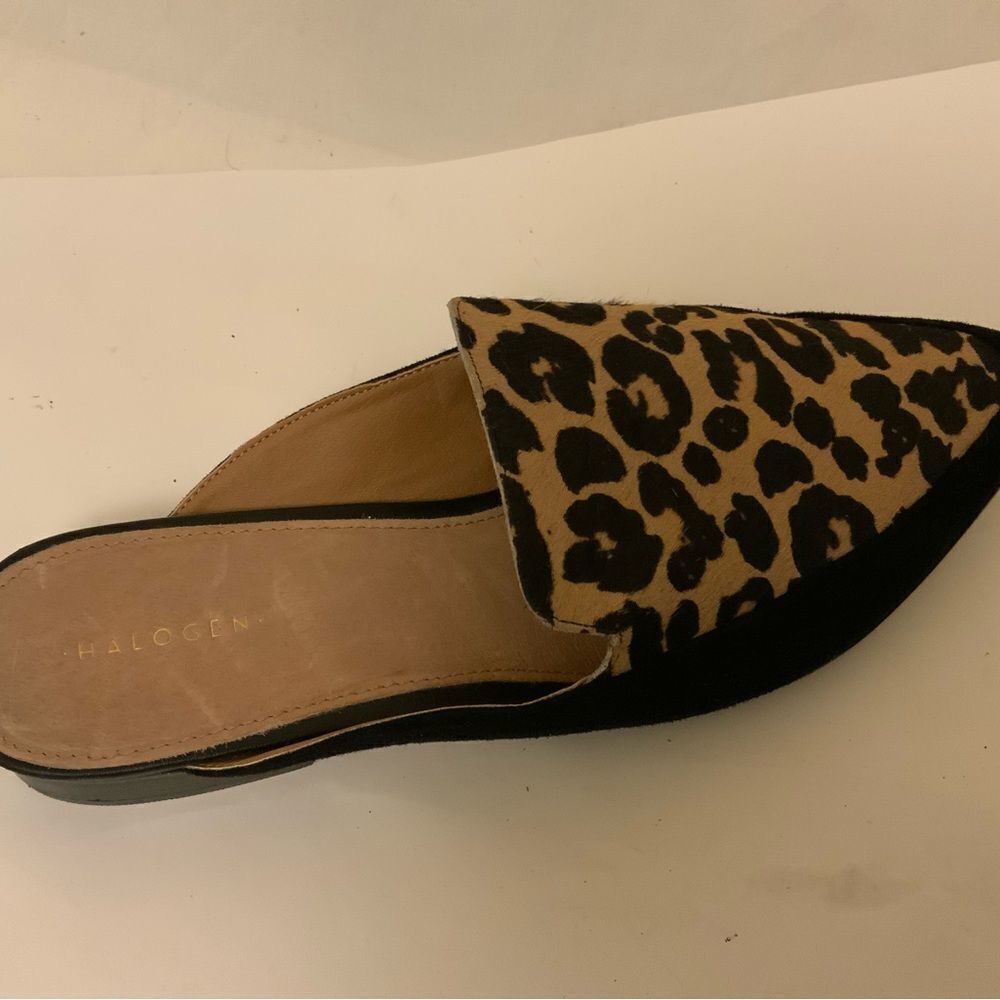 Halogen Corbin Leopard Print Calf Hair Black Suede Point Slide Women Mules 8.5M